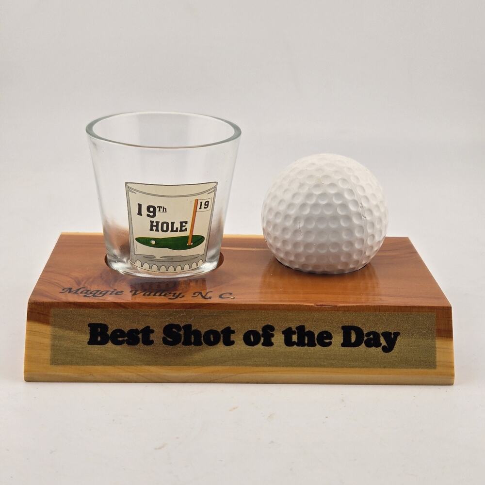 Vintage Maggie Valley NC Cedar Trophy Display Base & 19th Hole Golf Shot Glass